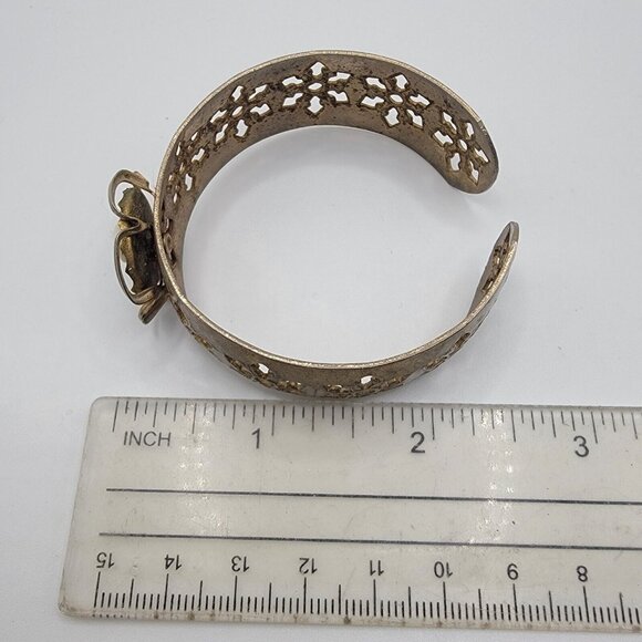Vintage Gold-Tone Metal Cuff Bracelet With Black White Cameo Embellishment - Picture 4 of 4